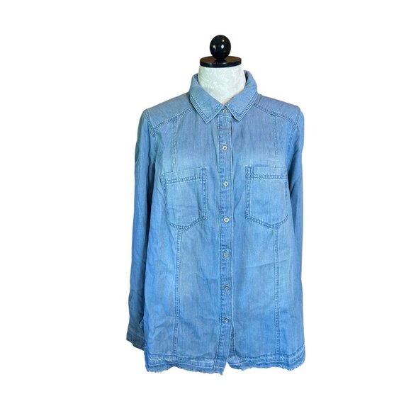 Skinnygirl Korey Denim Button-Down Top Light Wash NWOT Plus Size 1X Raw Hem - Picture 1 of 9